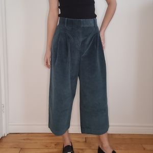 COS FOREST GREEN CORDUROY COTTON BLEND HIGH RISE WIDE LEG CAPRI